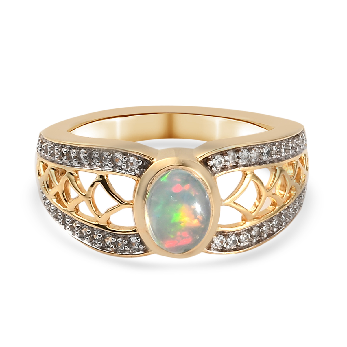 Natürlicher Äthiopischer Opal und Zirkon Ring 925 Silber Gelbgold