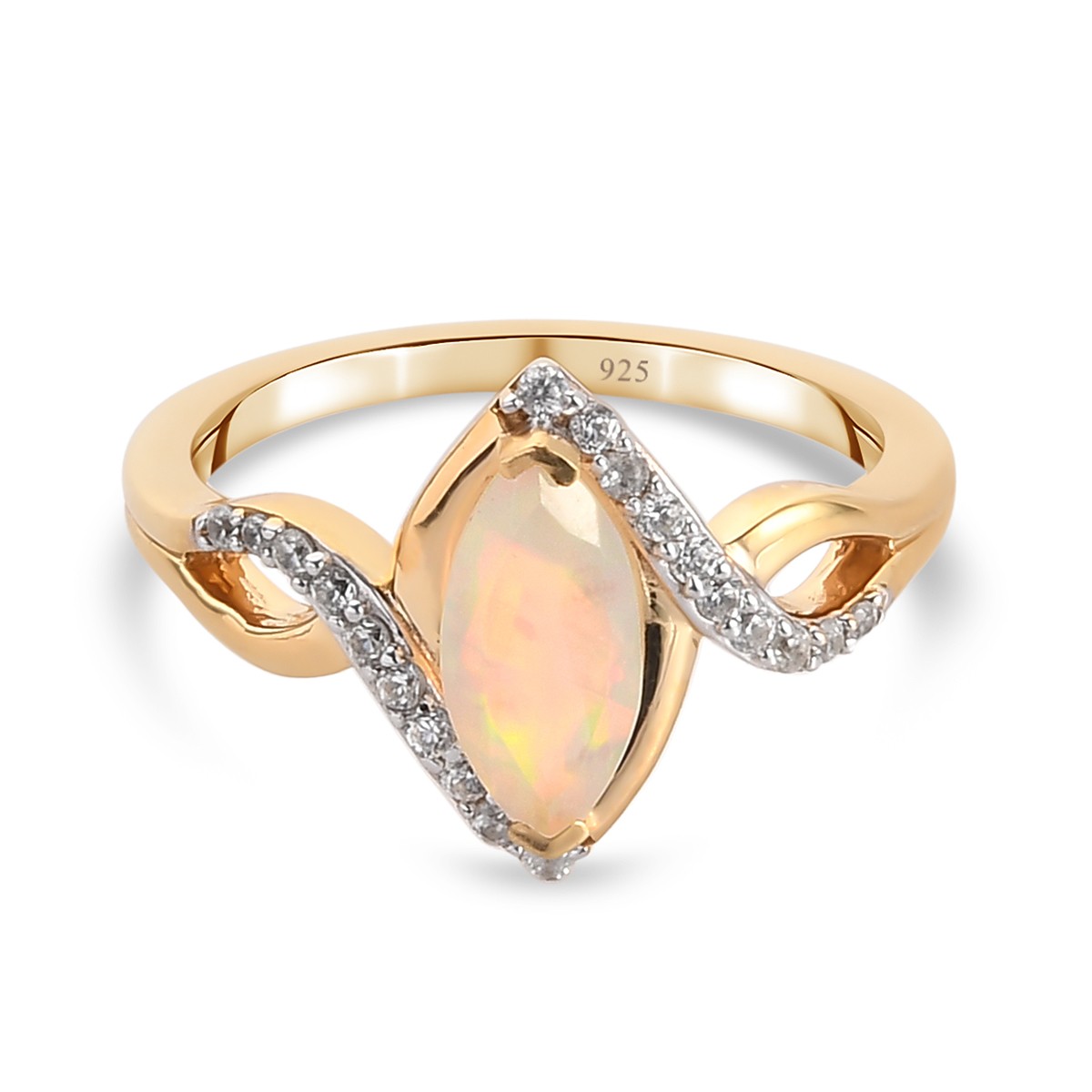 Natürlicher Äthiopischer Opal und Zirkon Ring 925 Silber 585 vergoldet