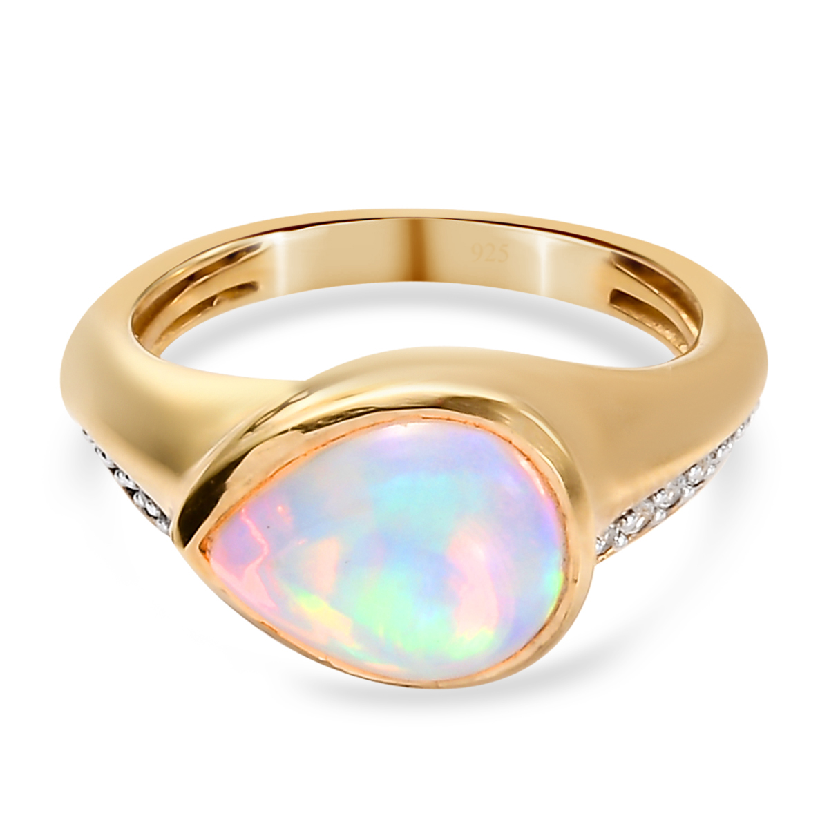 Natürlicher äthiopischer Opal und Zirkon Ring 925 Silber Gelbgold