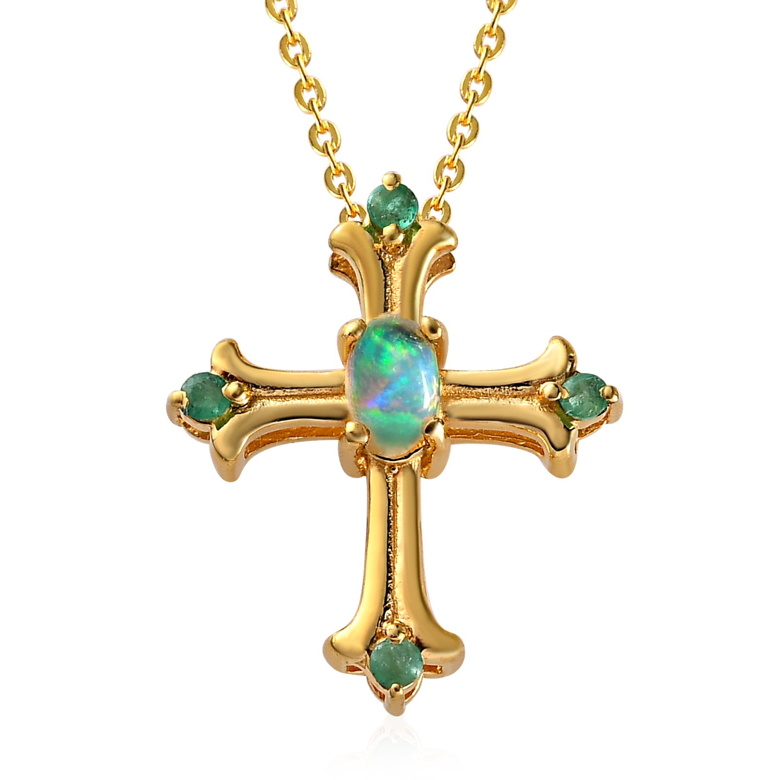 Natürlicher äthiopischer Opal und Smaragd Kreuz Anhänger mit Kette in