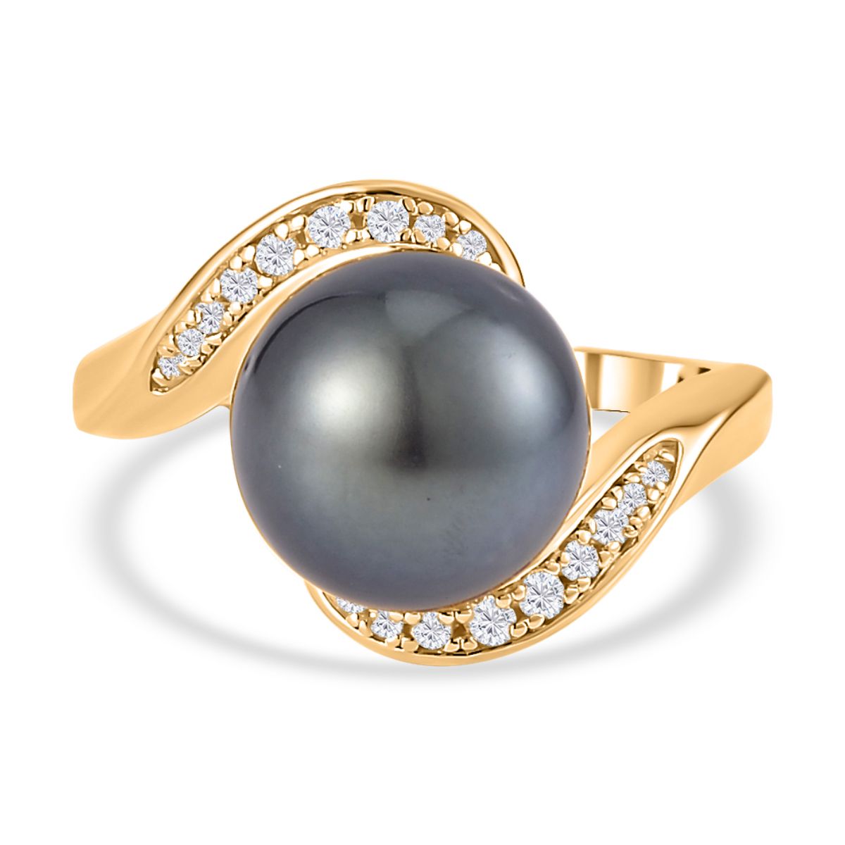 Tahiti Perle weißer Zirkon Ring 10 11mm 925 Silber Gelbgold