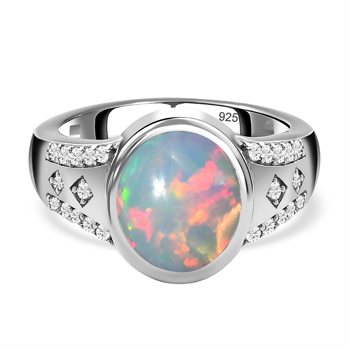 Natürlicher äthiopischer Welo Opal und weißer Zirkon Ring 925 Silber