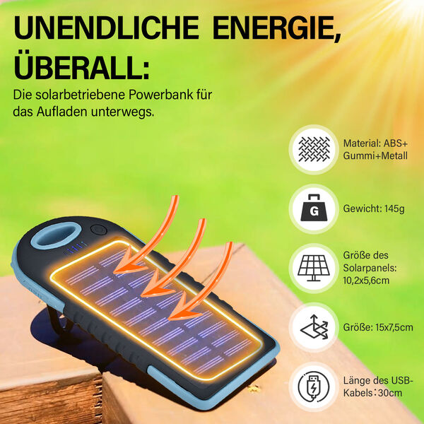 Solarbetriebene Powerbank mit USB Anschluss, Himmelblau image number 1