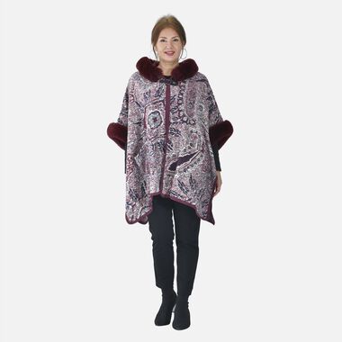 LA MAREY Kunstfell Poncho, Burgunder