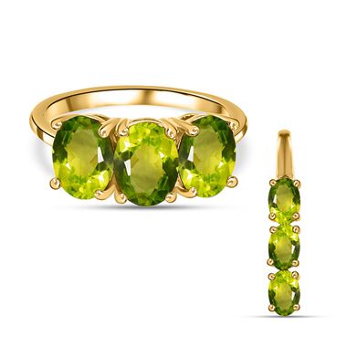 2er-Set, natürlicher Peridot Trilogie-Ring und Anhänger in Silber, 5,10 ct.