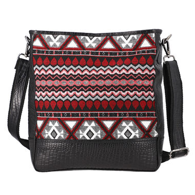 Crossbody Bag aus echtem Leder und Jacquard mit Krokoprägung, schwarz