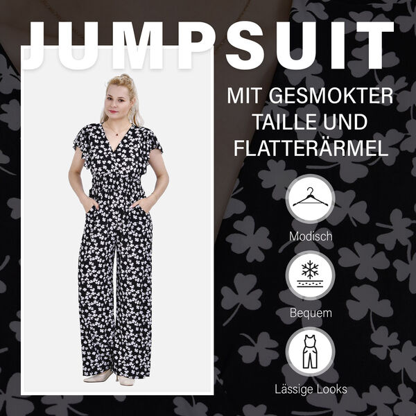 Jumpsuit mit gesmokter Taille und Flatterärmel, schwarz image number 1