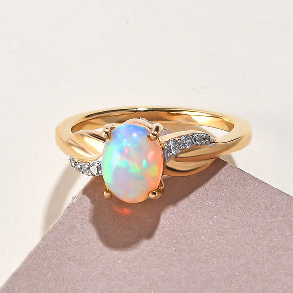 Natürlicher, äthiopischer Opal und weißer Zirkon-Ring, 925 Silber vergoldet  ca. 0,88 ct image number 1