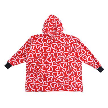 Flauschiger Flanell Hoodie mit großer Tasche, rotes Herzmuster