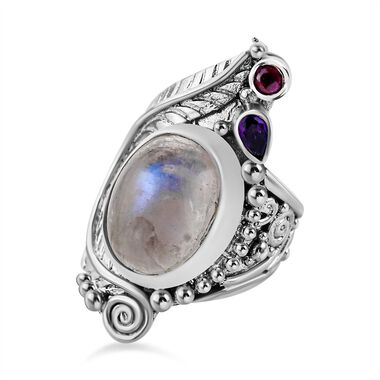 Sajen Silver- Regenbogen Mondstein, Ilakaka rosa Saphir und afrikanischer Amethyst-Ring- 9.53 ct.