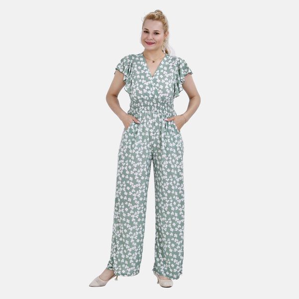 Jumpsuit mit gesmokter Taille und Flatterärmel, grün image number 0