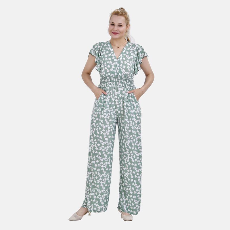 Jumpsuit mit gesmokter Taille und Flatterärmel, grün