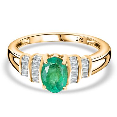 AAA Kolumbianischer Smaragd, Weißer Diamant Ring 375 Gold (Größe 17.00) ca. 0,75 ct