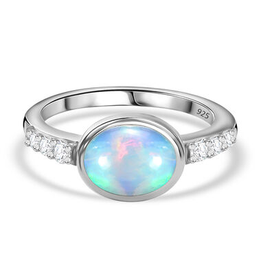 Natürlicher, äthiopischer Welo Opal und Zirkon-Ring, 925 Silber platiniert  - 1,46 ct.