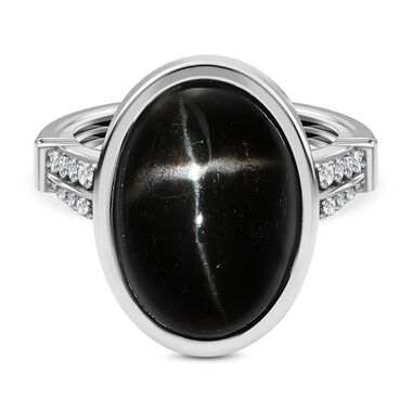 Schwarz Stein Diopsid, Weißer Zirkon Ring, 925 Silber platiniert, ca. 16.60 ct