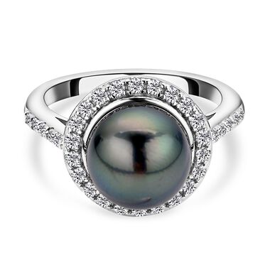 Tahiti-Zuchtperle und weißer Zirkon-Ring, , 925 Silber rhodiniert