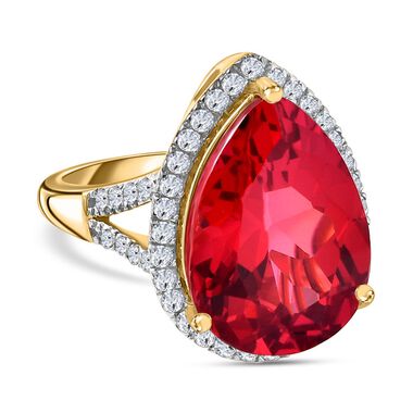 Lab Created Padparadscha-Saphir, Weißer Zirkon Ring, 925 Silber Gelbgold Vermeil, (Größe 19.00), ca. 16.76 ct