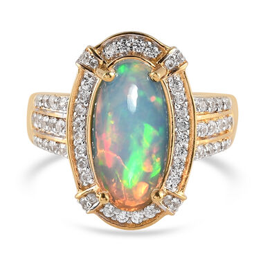 Natürlicher, äthiopischer Opal und Zirkon-Ring, 925 Silber Gelbgold Vermeil  ca. 2,90 ct