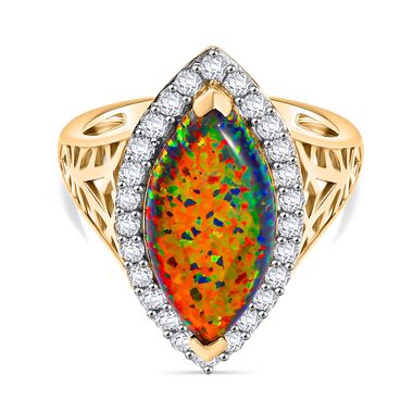 Labor erstellt schwarzen Opal, Weißer Zirkon Ring 925 Silber 750 Gelbgold Vermeil (Größe 20.00) ca. 3,11 ct