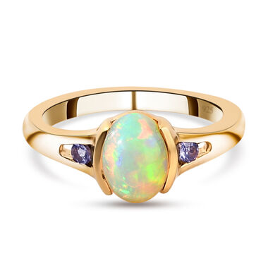 Natürlicher, äthiopischer Opal und Tansanit-Ring, 925 Silber vergoldet  ca. 1,05 ct