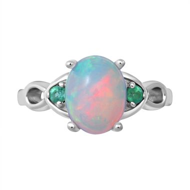 Natürlicher, äthiopischer Opal und Kagem sambischer Smaragd-Ring, 925 Silber platiniert  ca. 1,29 ct