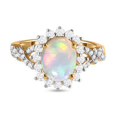 Natürlicher, äthiopischer Opal und weißer Zirkon-Ring, 925 Silber Gelbgold Vermeil  ca. 1,87 ct