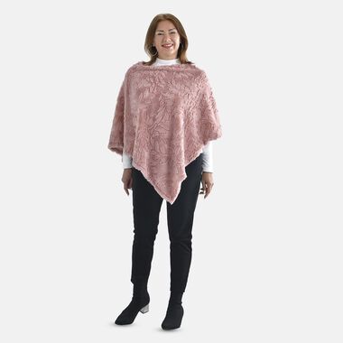 Kunstfell Poncho mit Blattmuster, Rosa