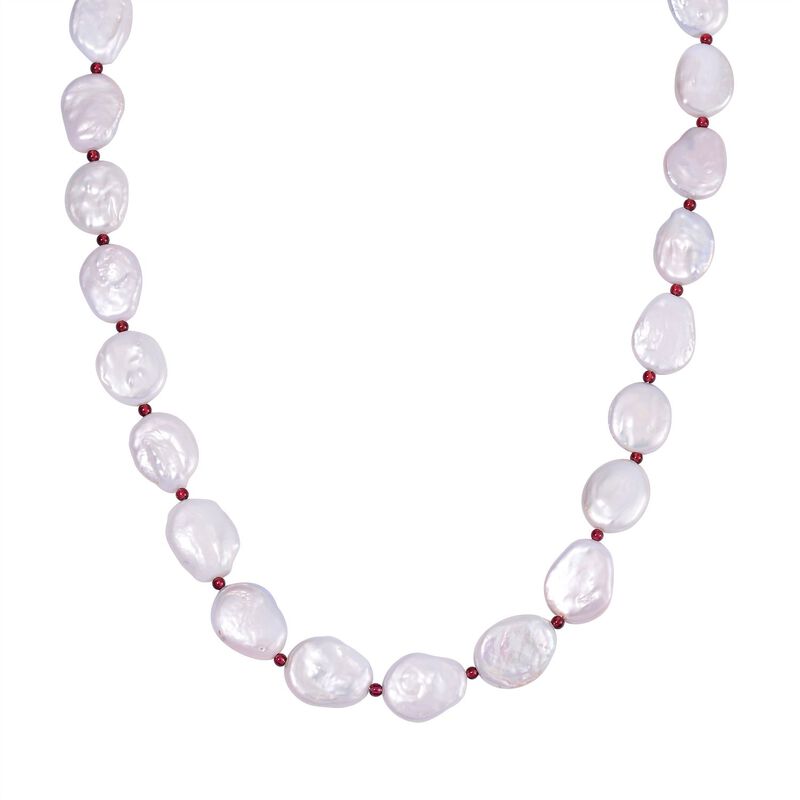 Weiße  Keshi-Stil Perle, Roter Granat flexible Halskette, 45 cm, 925 Silber rhodiniert,