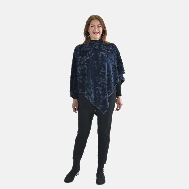 Kunstfell Poncho mit Blattmuster, Marineblau image number 0