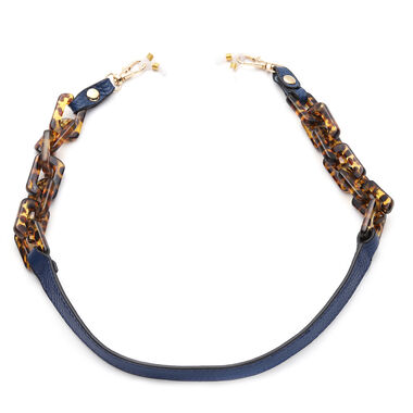 Brillenkette mit 100% Lederband, Leopardenmuster, Dunkelblau und Gold