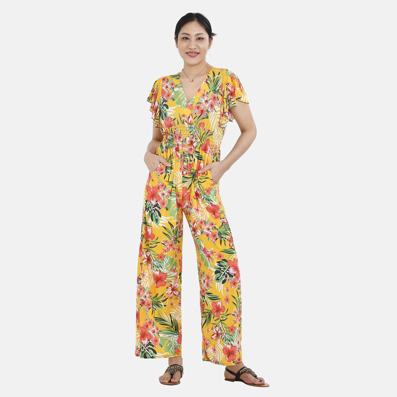 Jumpsuit mit gesmokter Taille und Flatterärmel, gelbes Blumenmuster image number 0