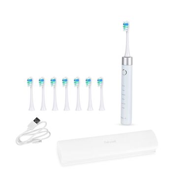 "Fairwill Electirconic sonic toothbrush with 8 heads Bristle Material: Dupont BPA free nylon Brushing Modes: 5 modes VPM: 40000 Charging time: 4 hours Charging type: USB Usetime: Up to 30 days Input: DC 5V/1A Waterproof: IPX7 Motro:maglev motro  Color:Whi