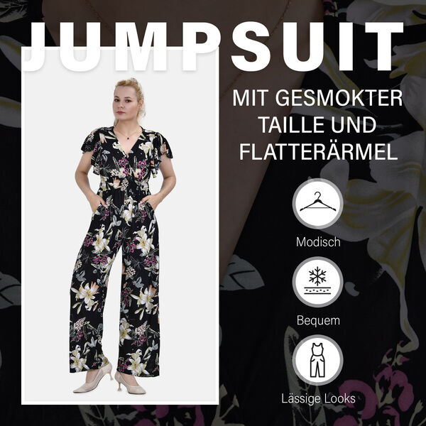 Jumpsuit mit gesmokter Taille und Flatterärmel, schwarz, Blumenmuster image number 1