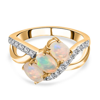 Natürlicher Äthiopischer Opal und Zirkon Ring 925 Silber 585 Vergoldet