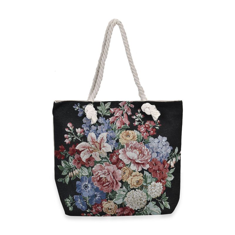 Gewebte Jutetasche mit buntem Blumenmuster, Maße: 42x34xx37cm, Schwarz image number 0