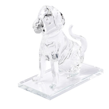 Dekorative Kristallglas Hunde-Figur auf quadratischem Ständer, Weiß