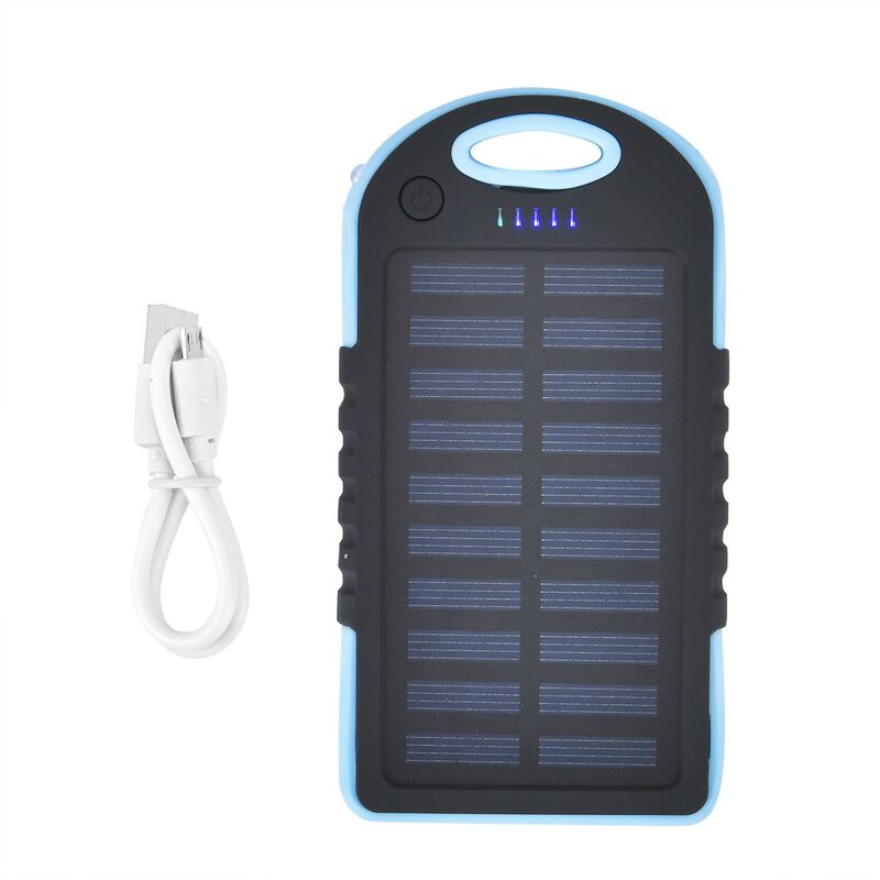 Multifunktionale Solar-Powerbank mit LED-Taschenlampe und Leistungsanzeige, 5000 Mah, USB- und Micro-USB-Anschluss, Himmelblau