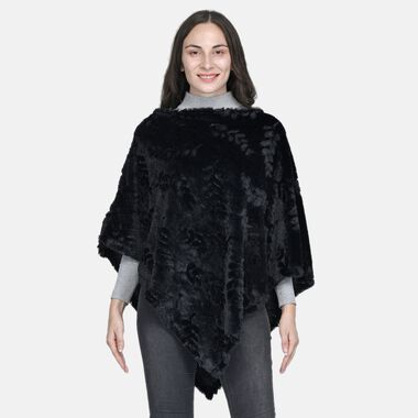 Weicher Kunstfell Poncho mit 3D Blätter Motiv, Schwarz