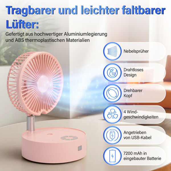 Kabelloser, faltbarer Ventilator mit integriertem Luftbefeuchter, USB-Anschluss, Rosa image number 1