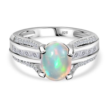 Natürlicher, äthiopischer Welo Opal, Weißer Zirkon Ring 925 Silber rhodiniert (Größe 18.00) ca. 2.06 ct