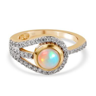 Natürlicher Äthiopischer Opal und Zirkon Ring 925 Silber vergoldet  ca. 1,02 ct