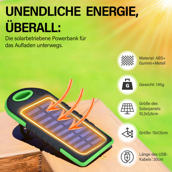 Solarbetriebene Powerbank mit USB Anschluss, Grün image number 1