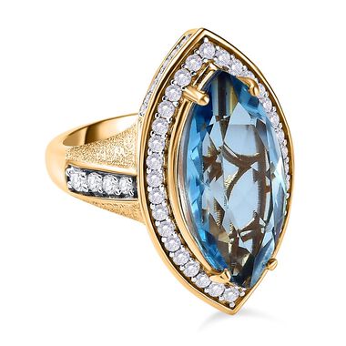 Paraiba Blau Triplette Quarz, Weißer Zirkon Ring, 925 Silber Gelbgold Vermeil (Größe 19.00) ca. 9.17 ct