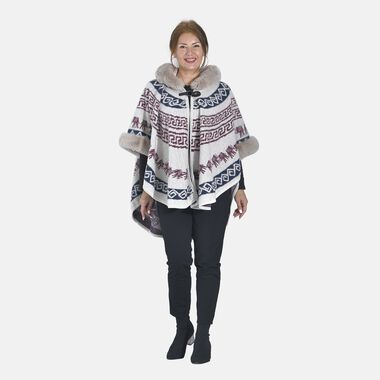 LA MAREY - Kunstfell Poncho mit Kapuze, One Size, 80x110cm, Weiß