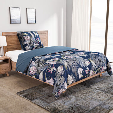 2er-Set Bett- und Kissenbezug, Größe 135x200 cm und 80x80 cm, Blatt- und Blumenmuster, Blau