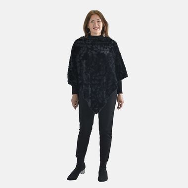 Kunstfell Poncho mit Blattmuster, Schwarz