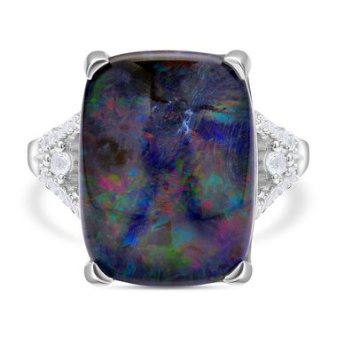 Boulder Opal Triplett und Zirkon-Ring, 925 Silber rhodiniert, 7,09 ct.