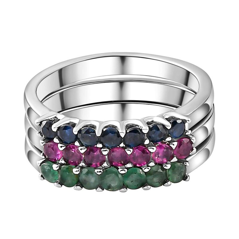 3er Set - Kanchanaburi blauer Saphir, Socoto Smaragd und afrikanischer Rubin-Half-Eternity-Ring in Silberton, 1,02 ct image number 0