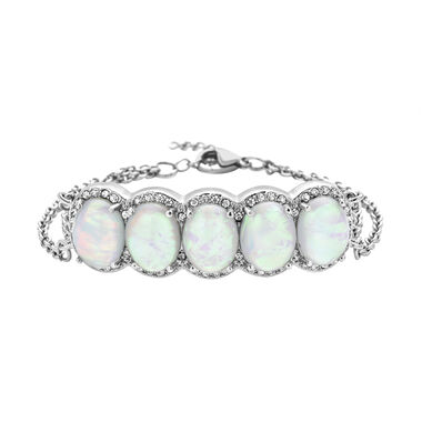 Simuliertes, weißes Opal- und Kristall-Armband, Edelstahl, 7 ct.