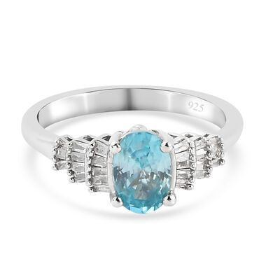 Kambodschanischer, blauer Zirkon und Diamant-Ring, 925 Silber platiniert  ca. 1,38 ct